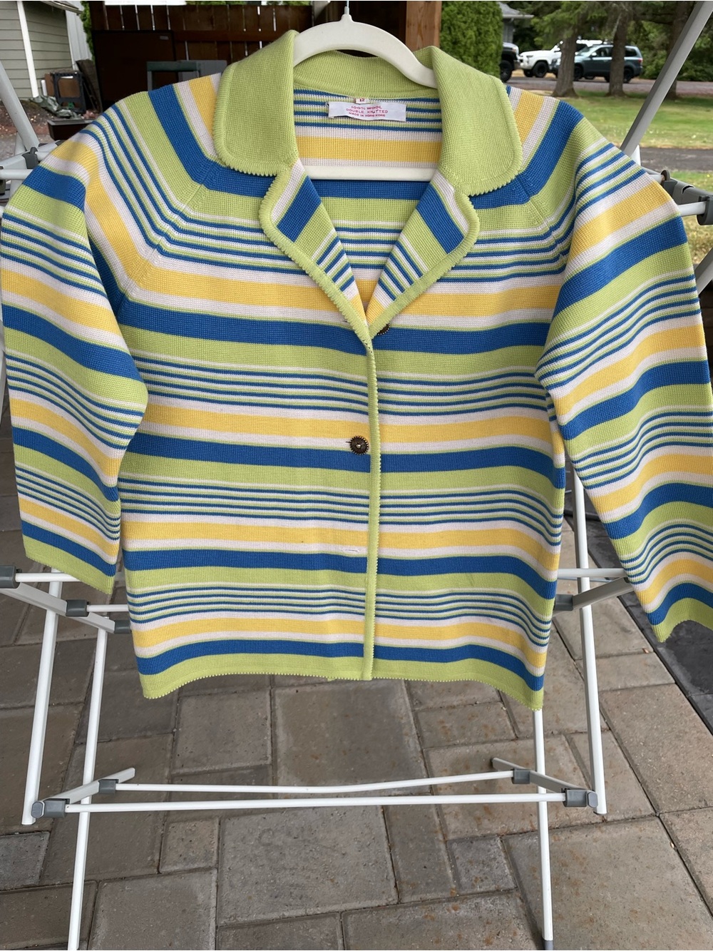 Vintage Made in Hong Kong Double Knitted Striped Wool Cardigan Sweater